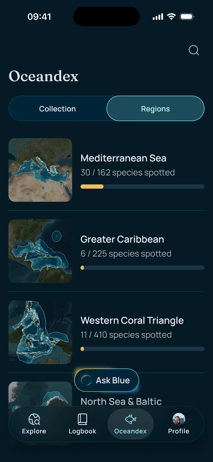An Into the Blue app screen
